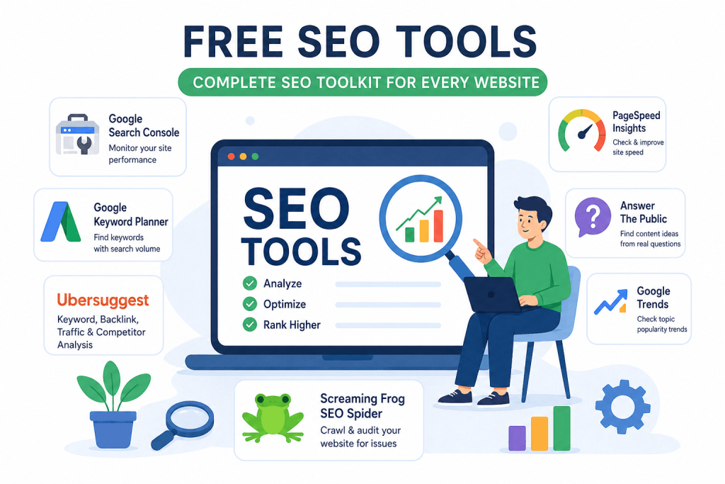 Best SEO Tools — Free & Paid Complete List Best SEO Tools Guide featuring Google Search Console, Keyword Planner, Ubersuggest, PageSpeed Insights, Google Trends, Answer The Public, and Screaming Frog for keyword research, site audits, backlink analysis, and SEO optimization.