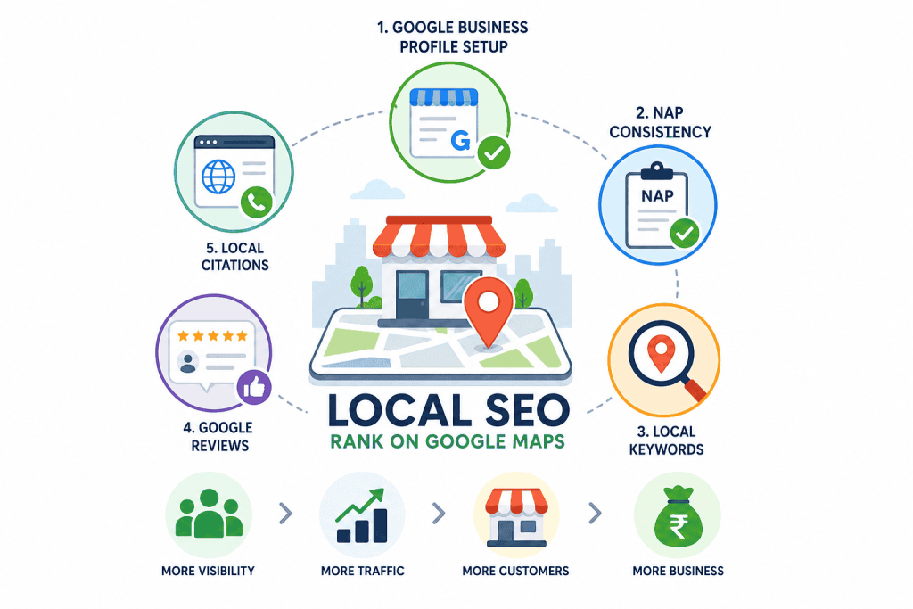 Local SEO Guide — Rank on Google Maps Local SEO infographic showing Google Business Profile optimization