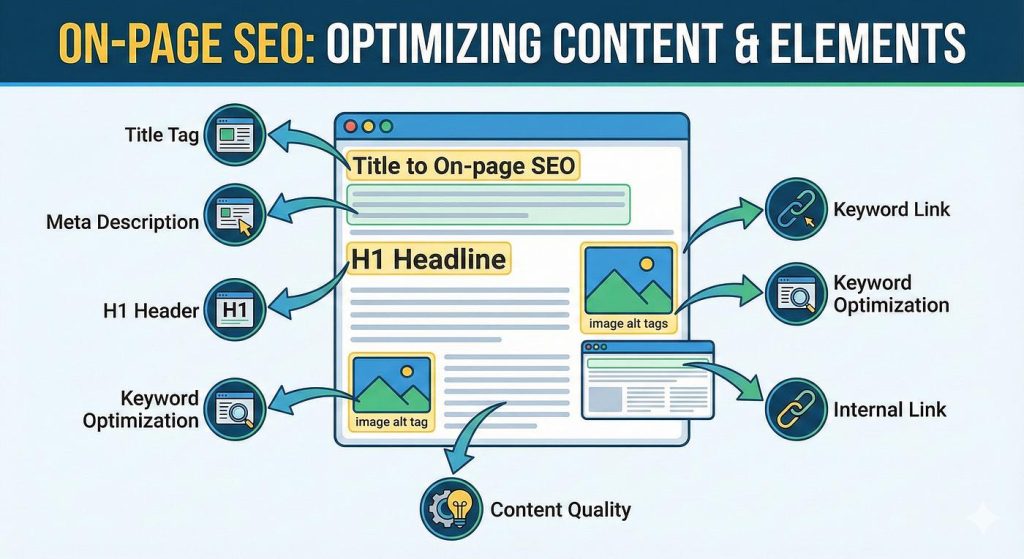 On-Page SEO Complete Guide — Title, Meta, Content Complete on-page SEO optimization guide with title tag meta description headings and content structure