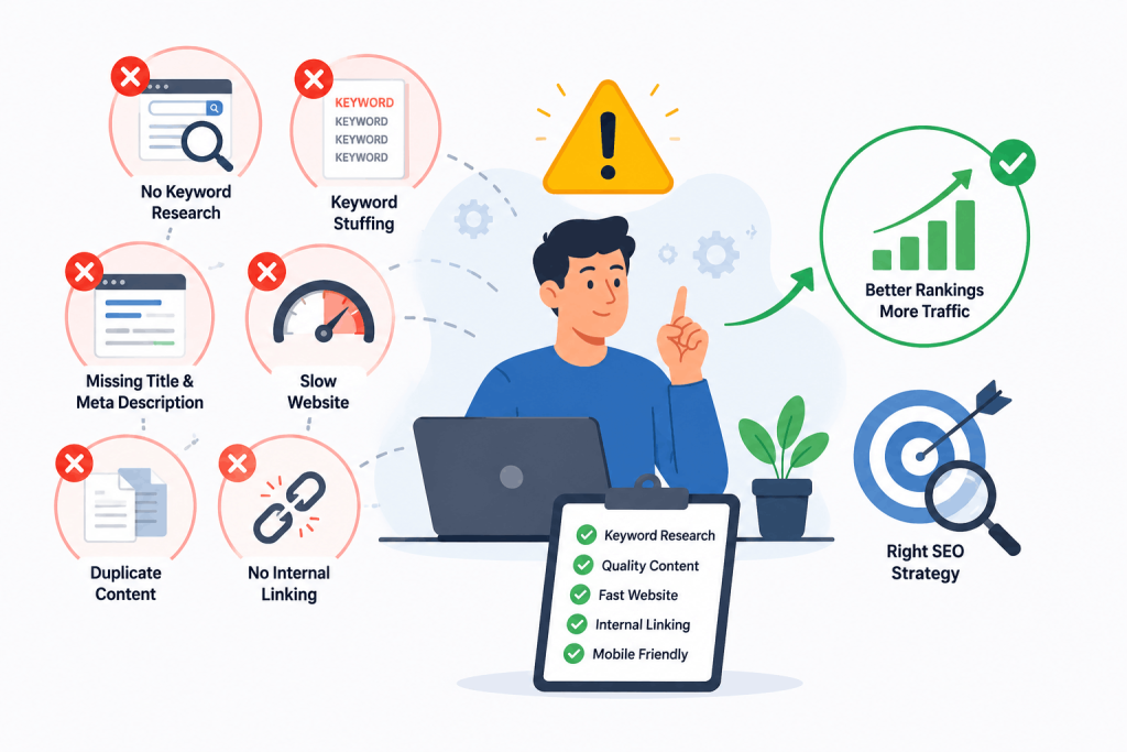 Illustration showing common SEO mistakes beginners make and the best practices to improve Google rankings, website traffic, and SEO performance.