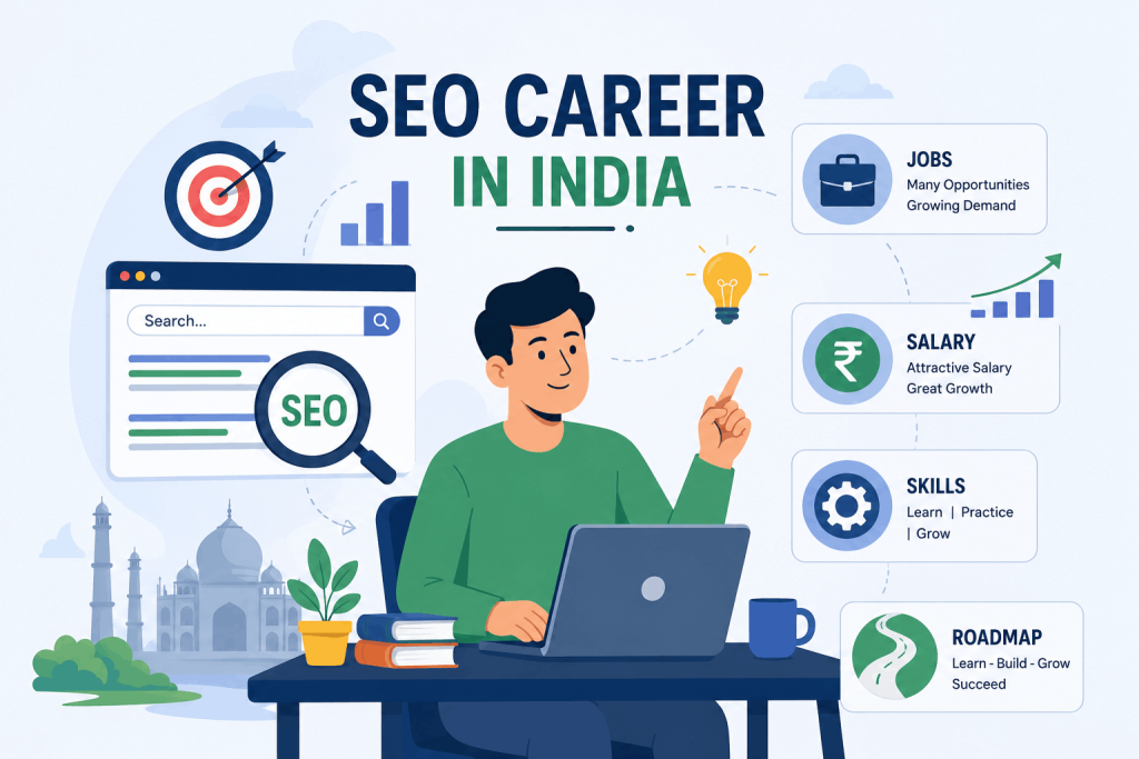 SEO Career in India illustration showing SEO jobs, salary growth, essential skills, and career roadmap for beginners and professionals in 2026.