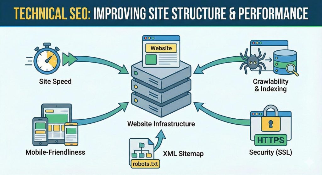 Technical SEO guide illustration showing site speed optimization, XML sitemap, HTTPS security, Core Web Vitals, and Google crawling process by SEO Master